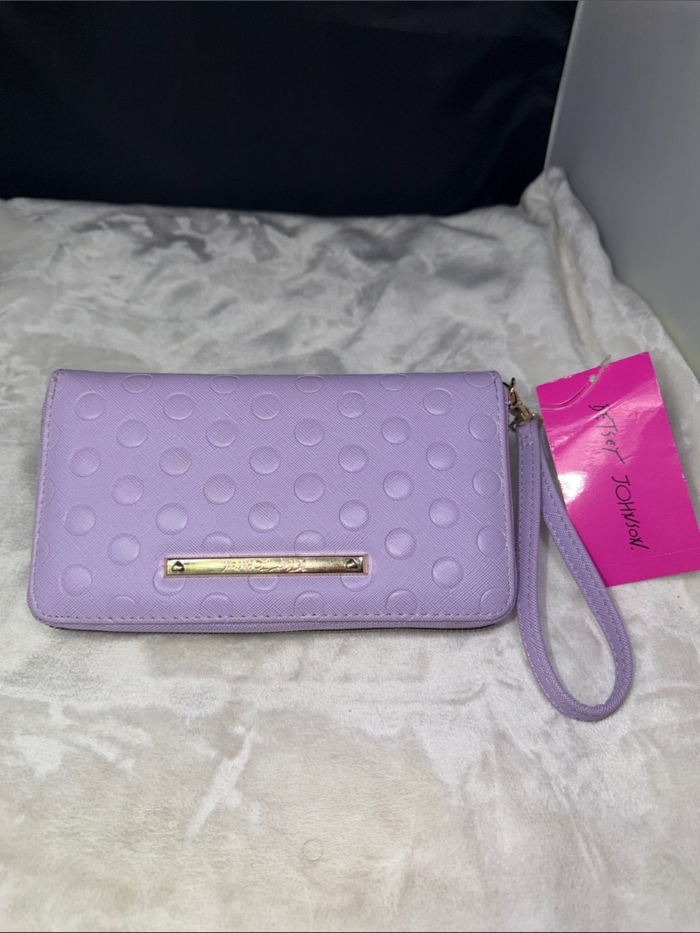 NWT Betsey Johnson Lavender Embossed Zip Around Wristlet Polka Dot Faux Leather